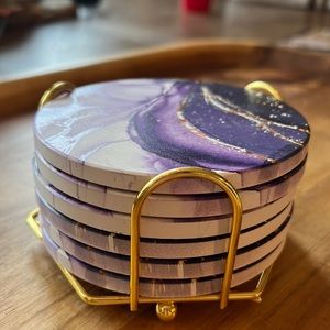 Lavender/purple Marbleized coaster. Set of six with gold coaster holder